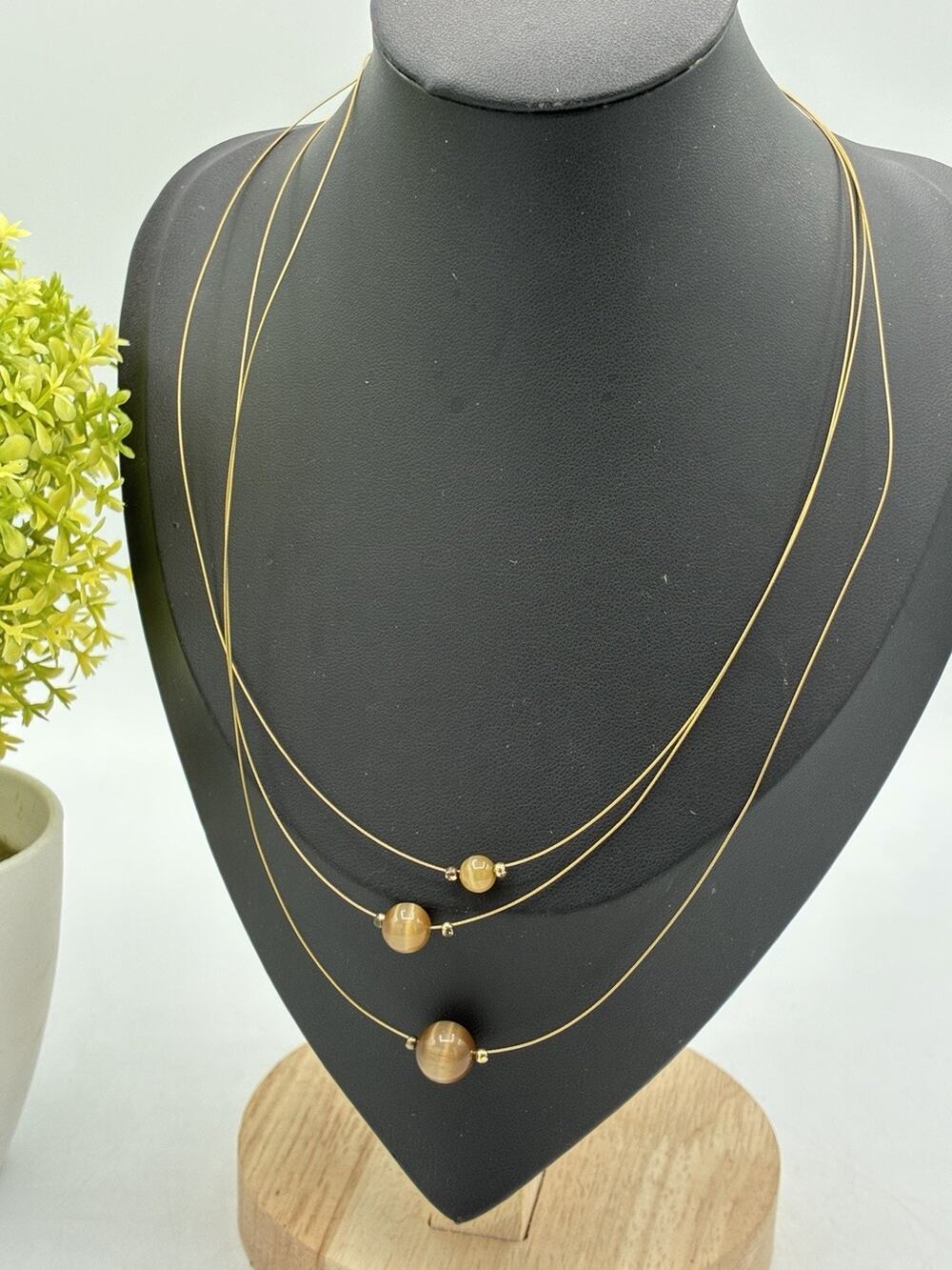 Layered Illusion Wire Necklace, 3 Floating Tiger’s Eye Beads, 14" + Extender